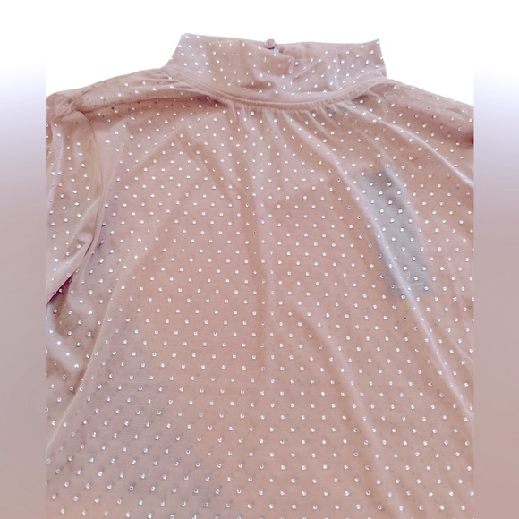 Lulus Glitter Sheer Mesh Rhinestone Long Sleeve Top Beige Womens Size Large - Picture 10 of 14